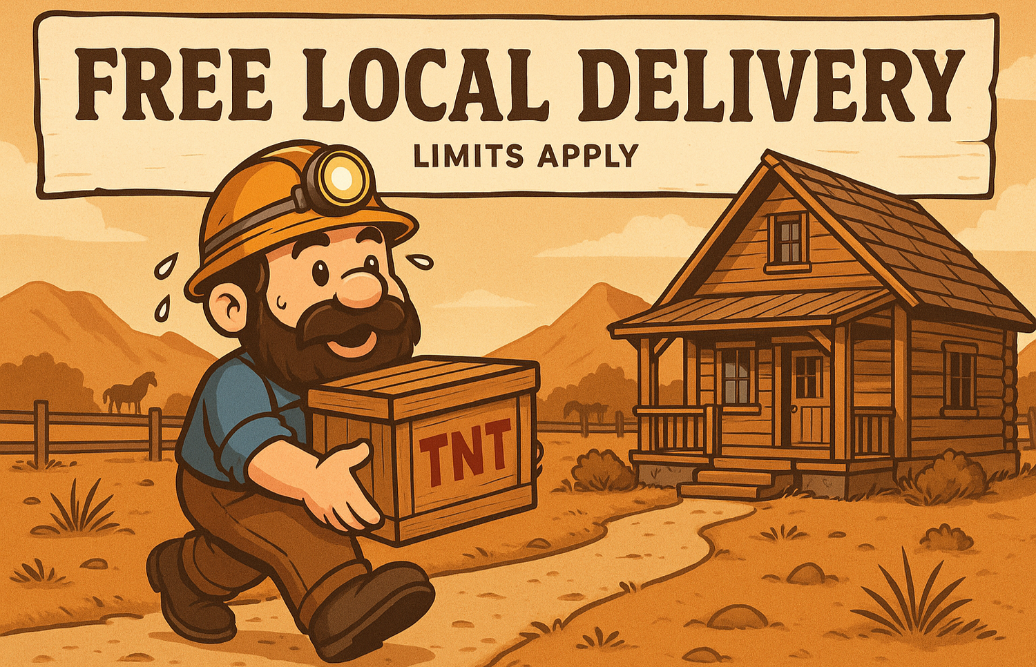 “Cartoon-style image of Mr. Deal Digger walking a dirt path toward a rustic Western house, carrying a wooden crate labeled ‘TNT.’ He is sweating slightly, wearing his signature yellow hard hat with a headlamp, blue shirt, brown pants, and work boots. In the background is a horse near a wooden fence, with desert hills and brush. A banner above reads ‘Free Local Delivery’ with smaller text underneath saying ‘Limits Apply.’”