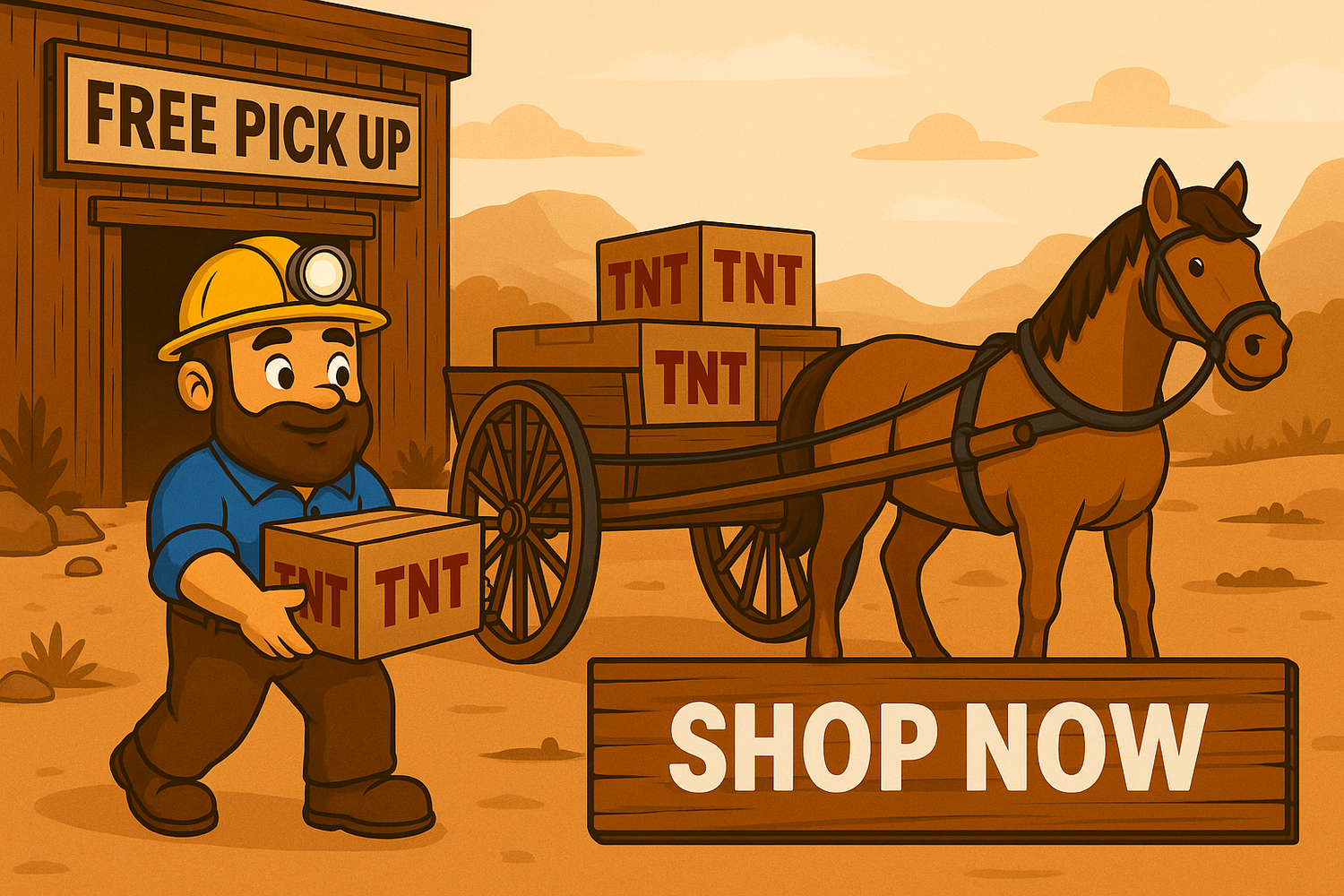 Cartoon-style banner illustration featuring Mr. Deal Digger carrying a TNT-labeled box toward a wooden warehouse marked "FREE PICK UP." A horse is properly harnessed in front of a spoked-wheel wagon loaded with goods. The scene is set in a Western desert landscape with warm tones, and a wooden “SHOP NOW” button appears at the bottom.